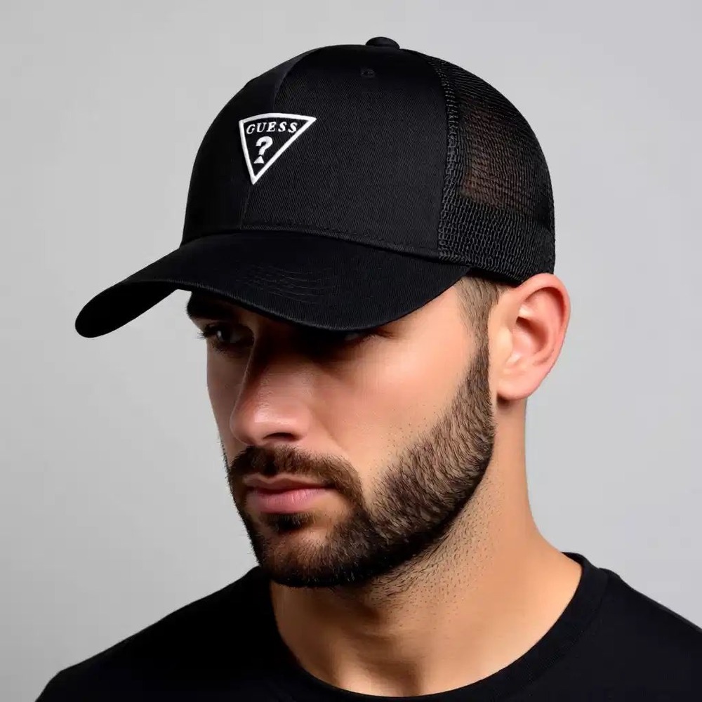 GUESS Mens Trucker Hat Black Mesh Triangle Logo Baseball Cap‎ NWT